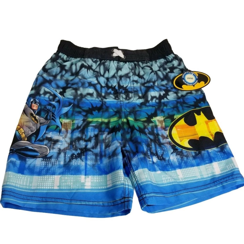 DC Comics Batman Boys XS 4/5 Swimsuit UV 50 Swim Trunks Board Shorts Blue New
